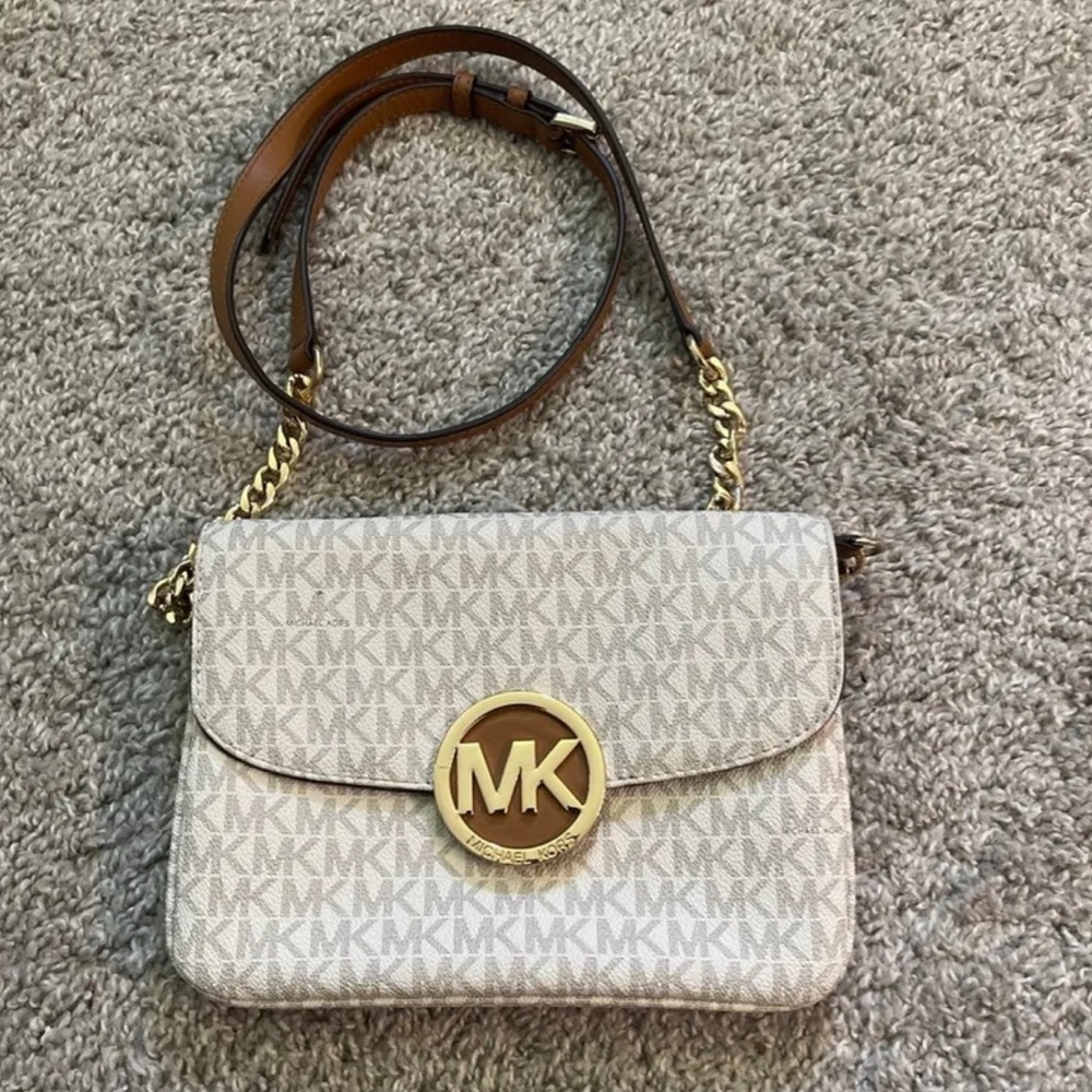 MICHAEL Michael Kors Beige Logo Crossbody with Gold MK Medallion